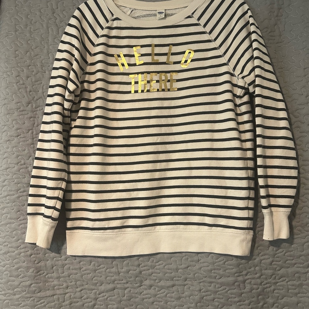 Old Navy Black and Cream Striped Sweater with Gold Lettering